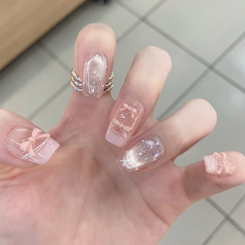 Whimsical Garden Inspired Short Square Pink Glitter Press On Nail Set with Charming Floral Accents