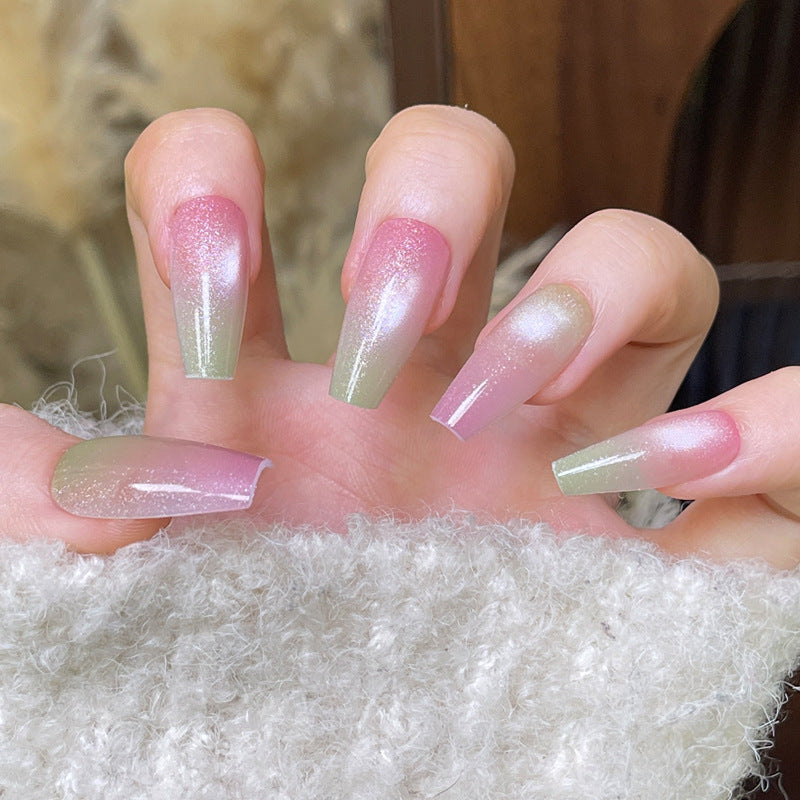 Whimsical Dreamy Press On Nail Set Long Coffin Gradient Pink and Green with Glitter Finish