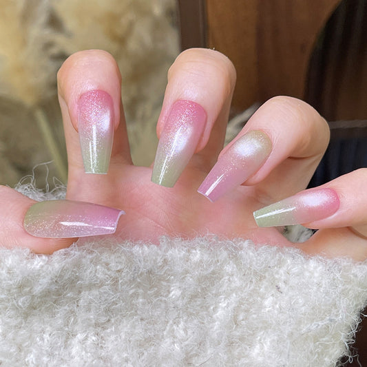 Whimsical Dreamy Press On Nail Set Long Coffin Gradient Pink and Green with Glitter Finish