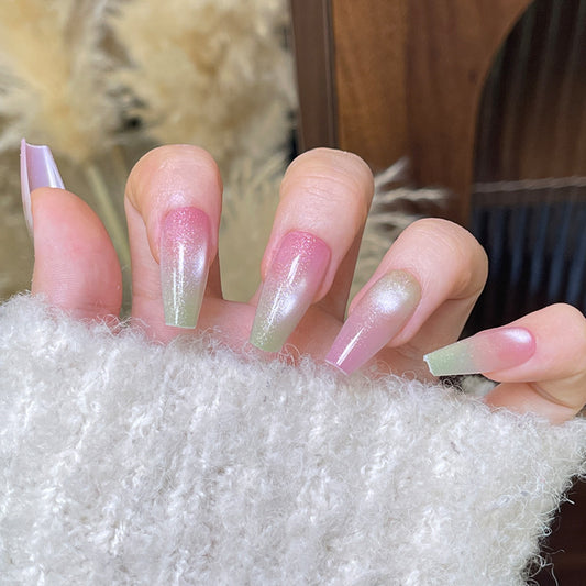 Enchanted Garden Long Coffin Ombre Pink and Green Glossy Finish Press On Nail Set