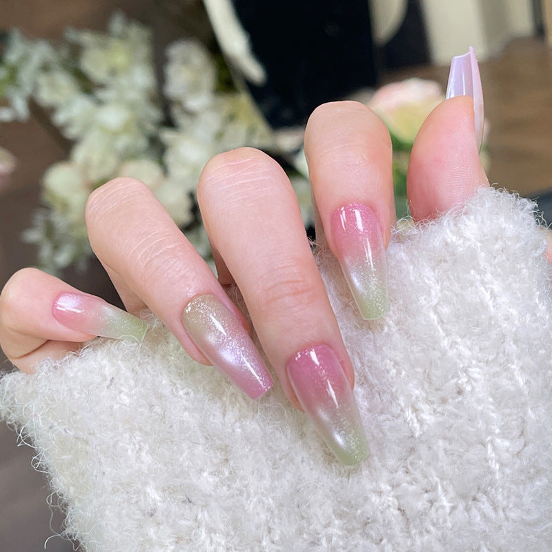 Enchanting Garden Long Coffin Gradient Pink to Green with Iridescent Finish Press-On Nail Set
