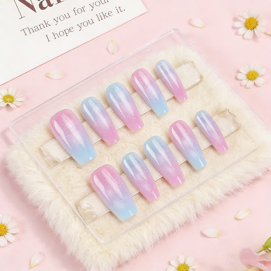 Dreamy Ombre Charm Long Coffin Gradient Pink and Blue Press On Nail Set with Sparkling Finish