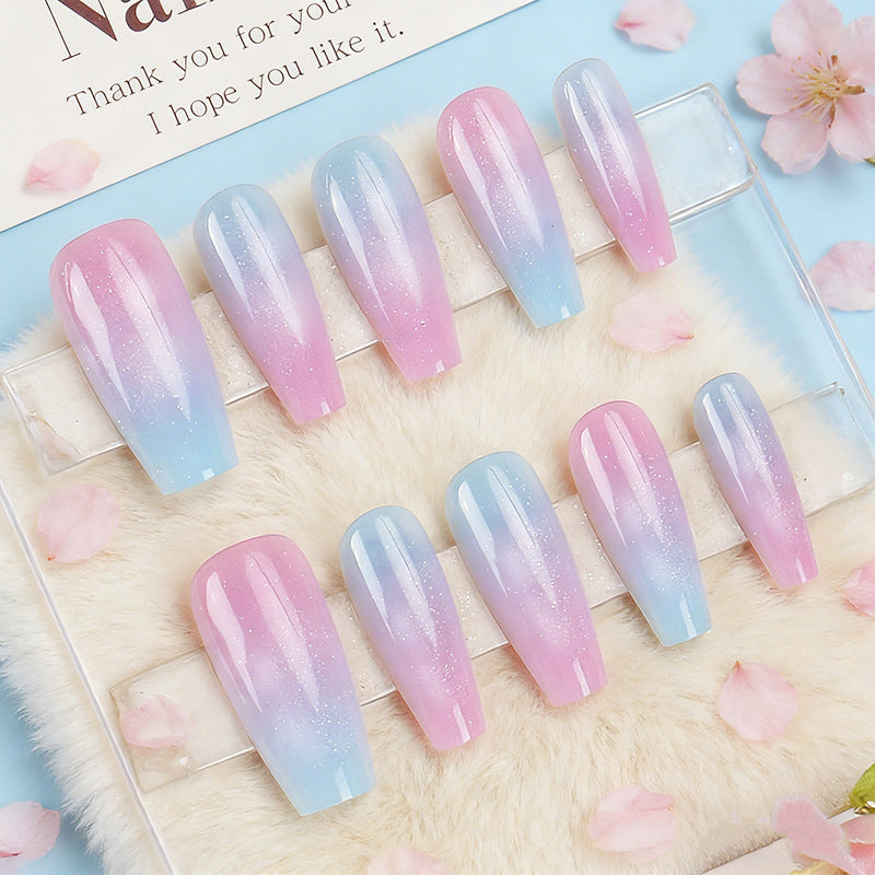 Whimsical Pastel Ombre Long Coffin Press-On Nail Set with Sparkling Glitter Finish
