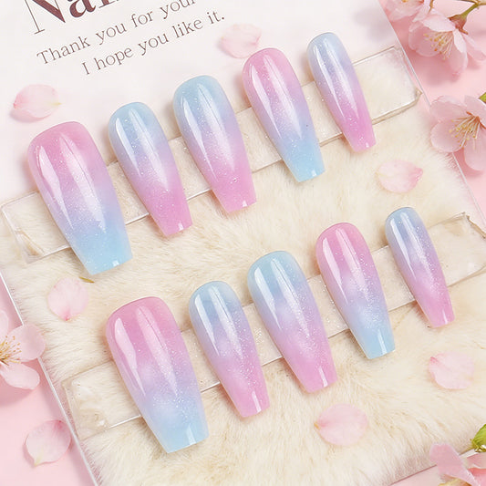 Whimsical Dreamscape Long Coffin Shaped Ombre Pink and Blue Glitter Press On Nail Set for Glamorous Looks