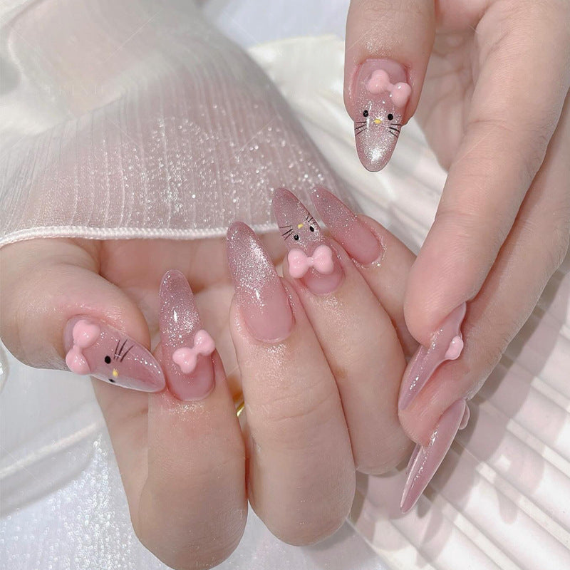 Dreamy Pastel Almond Long Pink Ombre Glitter with Cute Bow and Cat Face Accents