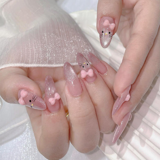 Dreamy Pastel Almond Long Pink Ombre Glitter with Cute Bow and Cat Face Accents