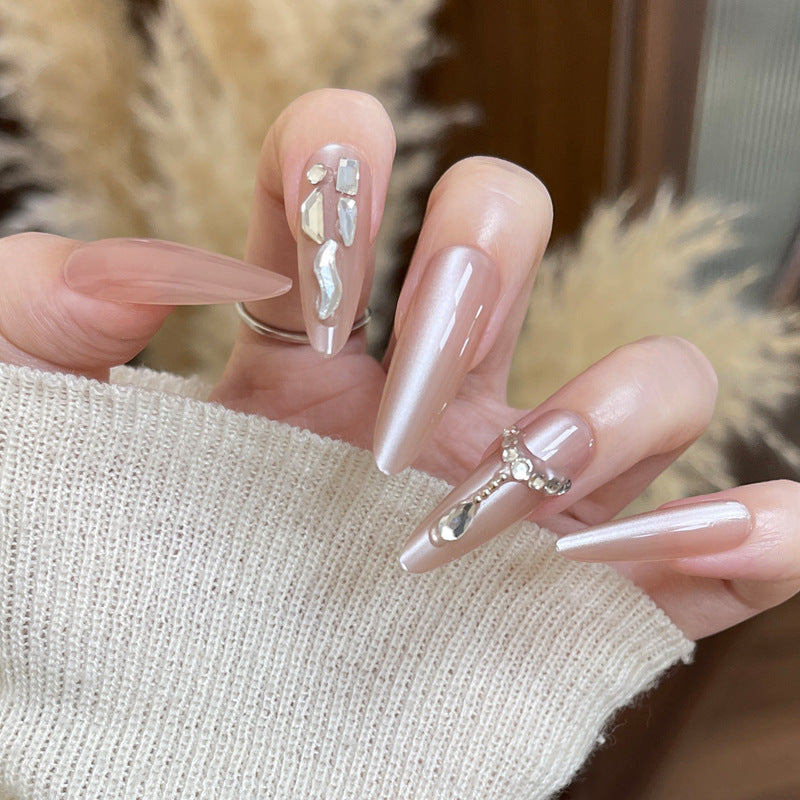 Glamorous Elegance Long Almond Beige with Iridescent Accent Nail Art