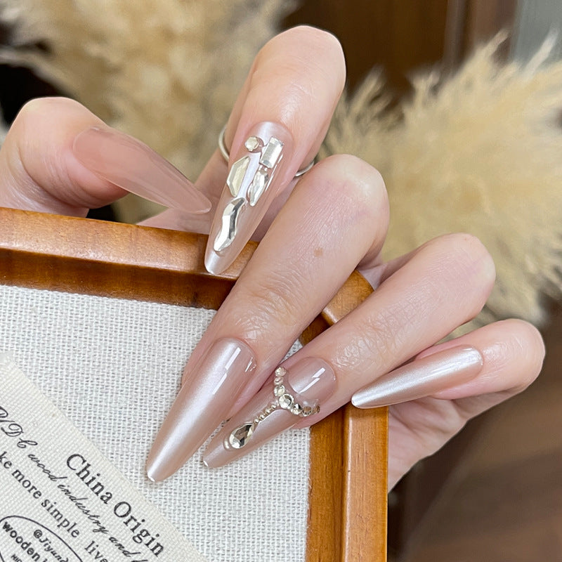 Glamorous Elegance Extra Long Almond Translucent with Dazzling Gem Accent Press-On Nail Set
