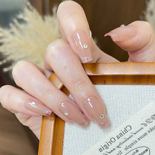 Elegant Serenity Medium Square Beige Press On Nail Set with Dazzling Accent Gems
