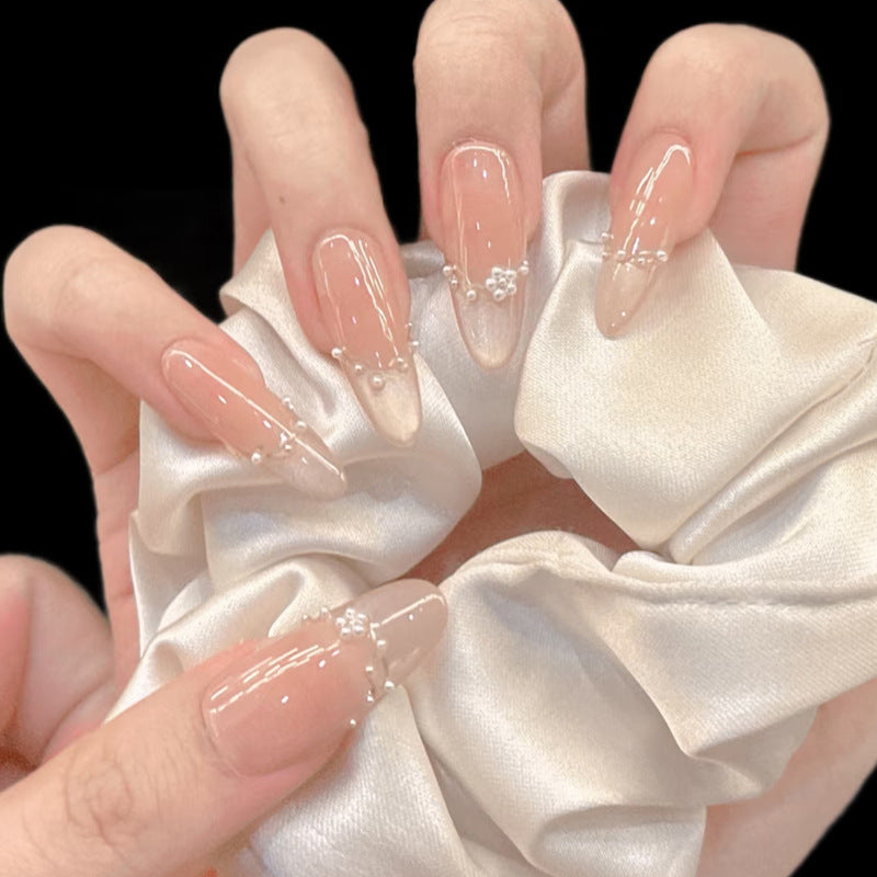 Whimsical Elegance Long Almond Shaped Blush Pink Press On Nail Set with Charming Pearl Accents