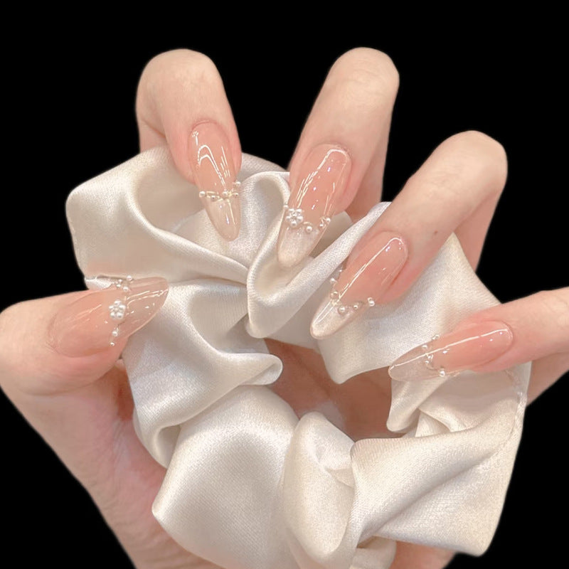 Chic Elegance Long Almond Beige Press On Nails with Pearl Embellishments