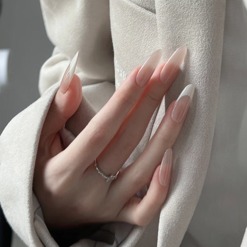 Elegant Dreamy Long Almond Shaped Transparent Pink Press On Nail Set with Ombre French Tips