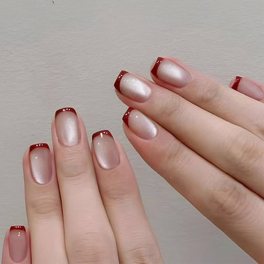 Elegant Autumn Inspired Short Square Sheer Beige Nails with Bold Burgundy Tips