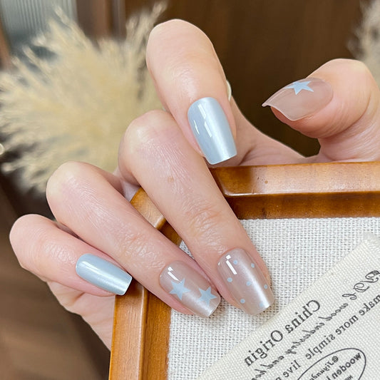 Celestial Dream Blue Medium Square Press-On Nail Set with Star Accents and Glossy Finish