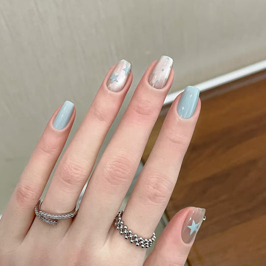 Celestial Dreams Medium Square Blue and Glitter Star Press On Nail Set