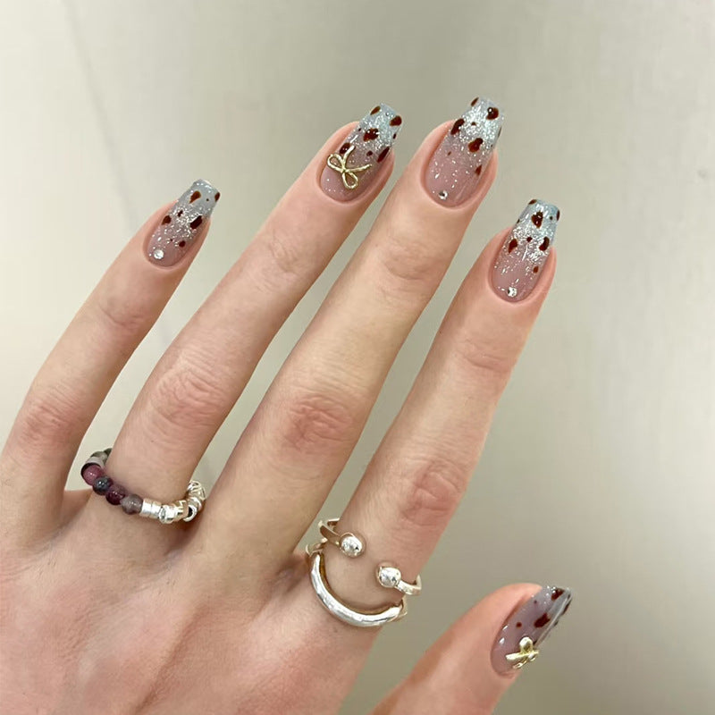 Elegant Enchantment Long Square Glittering Champagne Press On Nail Set with Festive Floral Accents