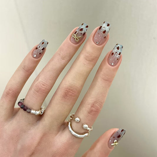 Elegant Enchantment Long Square Glittering Champagne Press On Nail Set with Festive Floral Accents