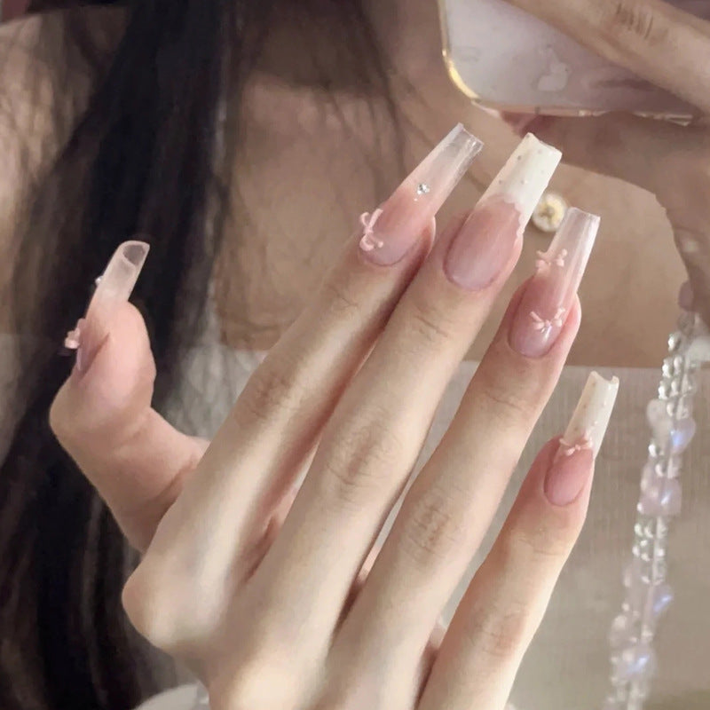 Dreamy Chic Long Elegant Square Transparent Pink Gradient Press On Nail Set with Decorative Rhinestones