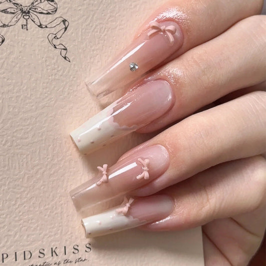 Bow-Tie Charm Long Coffin Pink Gradient Press On Nail Set with Rhinestone and Bow Accent