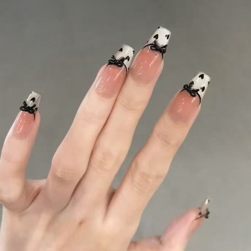 Chic Romance Extra Long Square Glossy Beige and White with Heart Design and Bow Accent Press On Nail Set