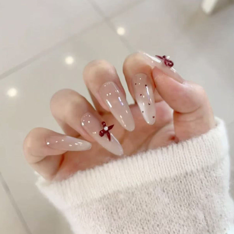 Charming Blossom Trendy Long Almond Pink Glossy with Decorative Bow Nail Set