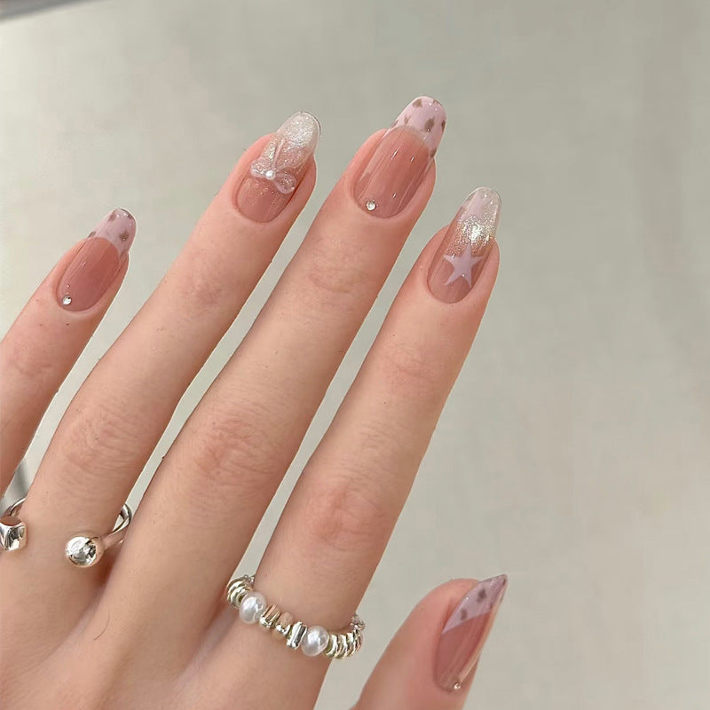 Celestial Bliss Medium Oval Pink Sparkle and Star Detail Press On Nail Set