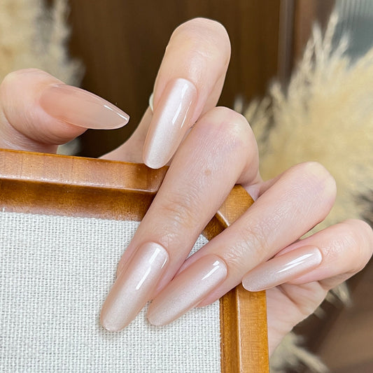 Dreamy Elegance Long Oval Shaped Sheer Blush Press On Nail Set with Iridescent Finish