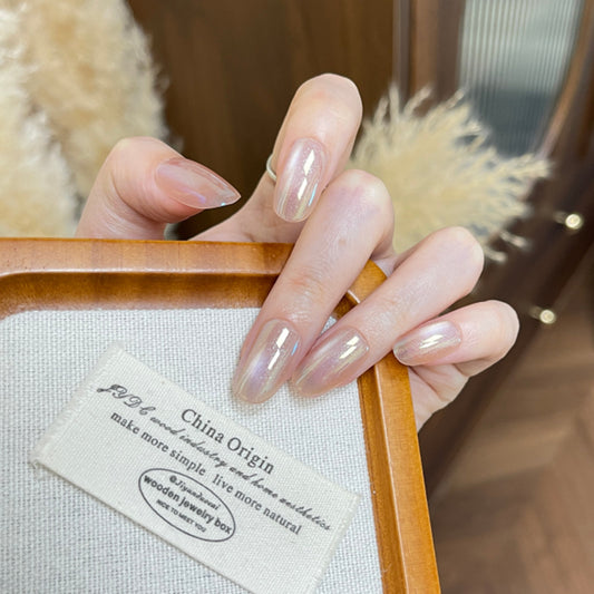 Dreamy Elegance Medium Oval Shaped Pearl Pink Iridescent Press On Nail Set