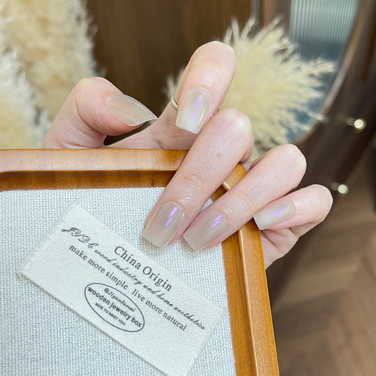 Dreamy Elegance Short Square Transparent with Iridescent Glow Press On Nail Set