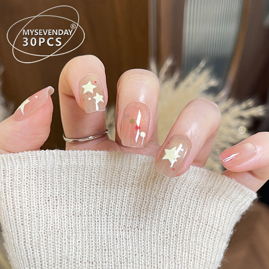 Celestial Dreams Short Square Natural Beige Nail Set with Star and Glitter Accents