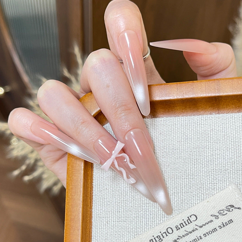 Chic Elegance Long Almond Ombre Press On Nail Set with Delicate Bow Detail