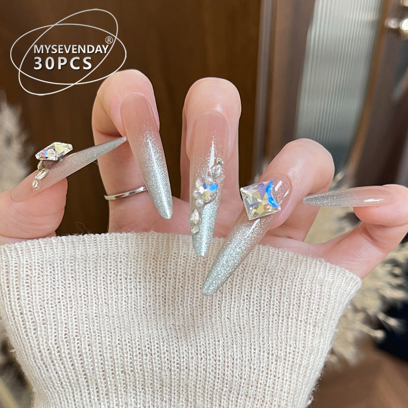 Glistening Dream Glamour Long Almond Silver Ombre Nails with Dazzling Rhinestone Accents