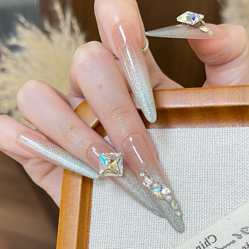 Enchanted Dreams Long Almond Shimmering Silver with Dazzling Gemstone Accent Press on Nail Set