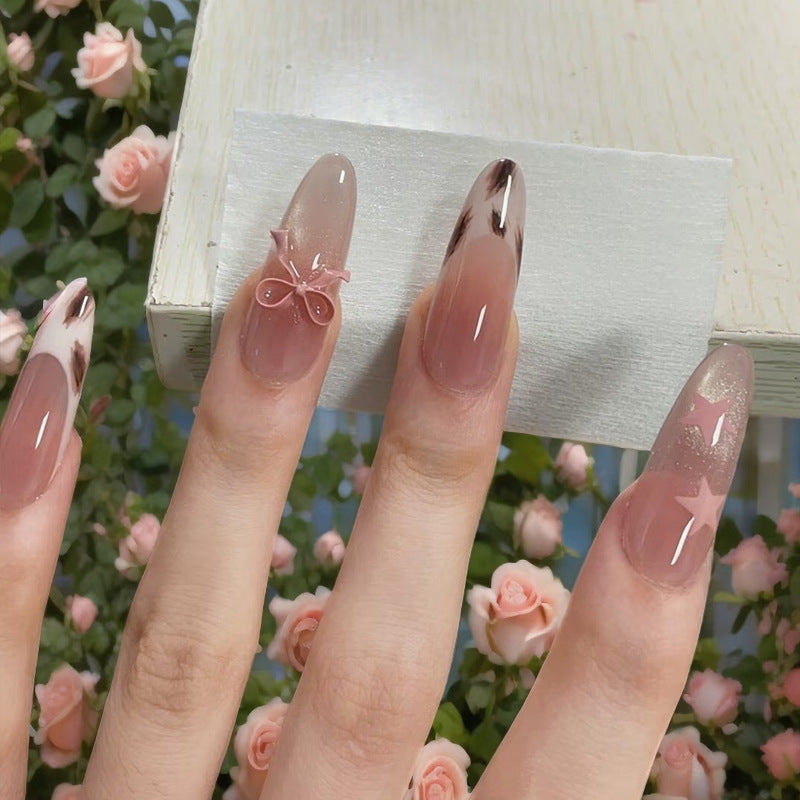 Whimsical Blossom Long Almond Pink Gradient Design with Bow and Star Accents Press-On Nail Set
