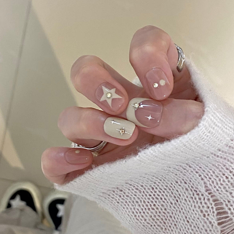 Celestial Dreamscape Short Square Beige and Pink Press-On Nail Set with Star and Gemstone Accents