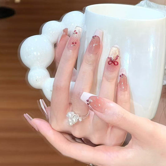 Charming Garden Inspired Long Coffin Pink and Clear Ombre with Delicate Bow Accents Press on Nail Set