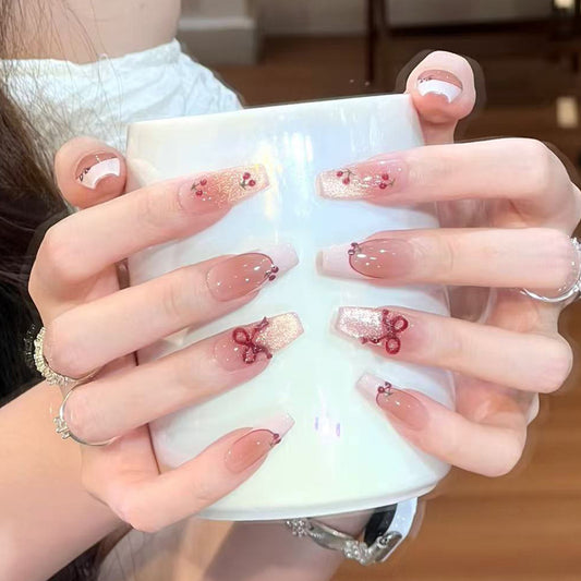 Charming Blossom Long Coffin Pink with Glitter and Bow Detail Press On Nail Set