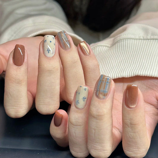 Autumn Elegance Short Square Brown Tones with Floral Accents Press On Nail Set