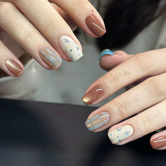 Botanical Elegance Short Square Brown and Beige with Floral Accents Nail Set