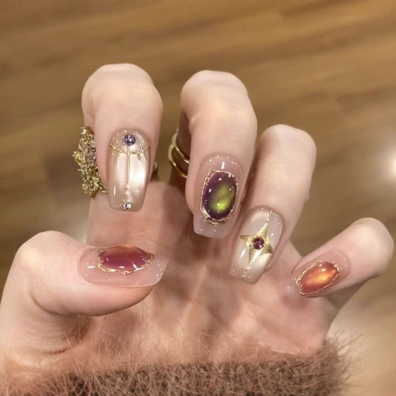 Celestial Charm Short Square Translucent with Gemstone Highlights Press On Nail Set