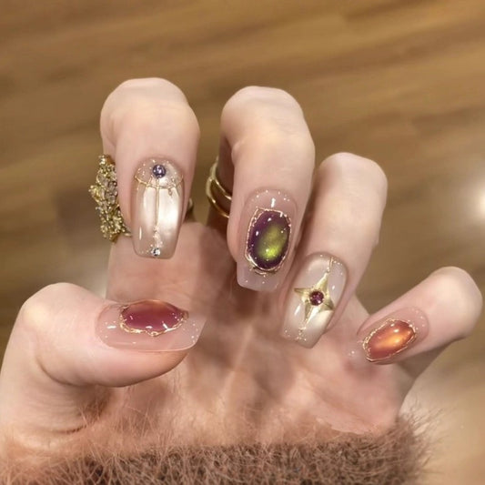Celestial Charm Short Square Translucent with Gemstone Highlights Press On Nail Set