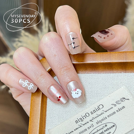 Winter Wonderland Chic Short Square Beige Nails with Festive Holiday Designs