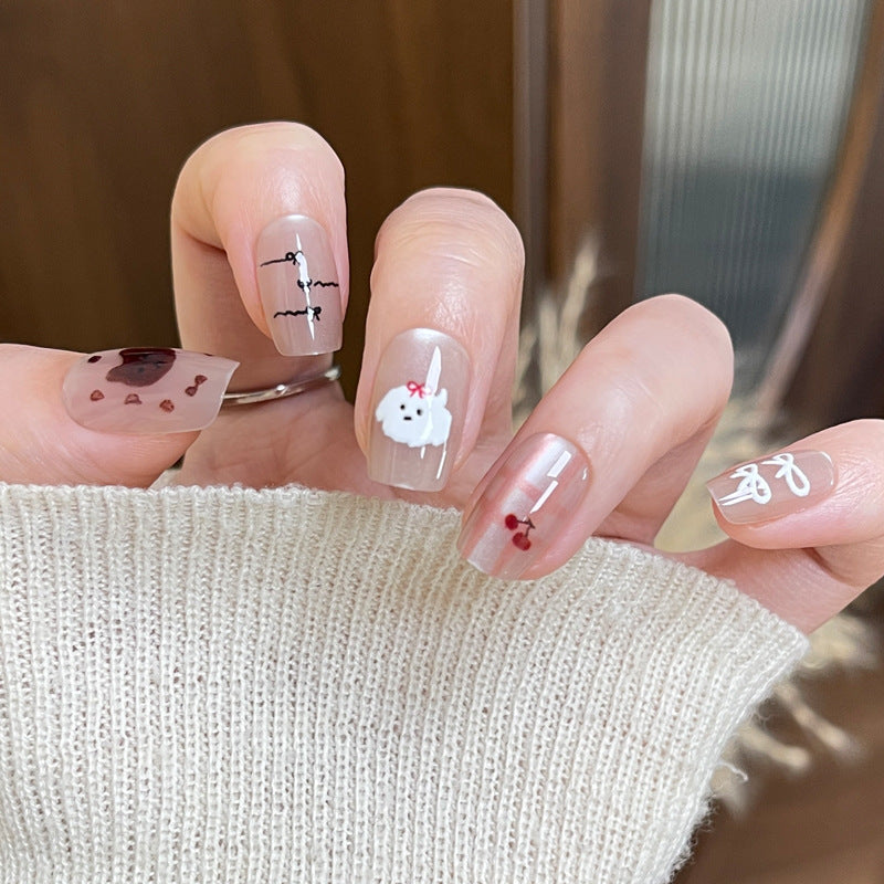 Whimsical Pet Parade Medium Square Beige Press on Nail Set Featuring Cute Animal Art Designs