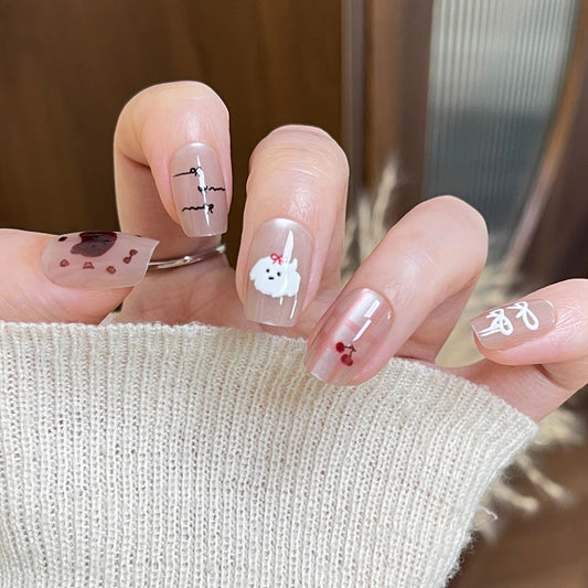 Whimsical Pet Parade Medium Square Beige Press on Nail Set Featuring Cute Animal Art Designs