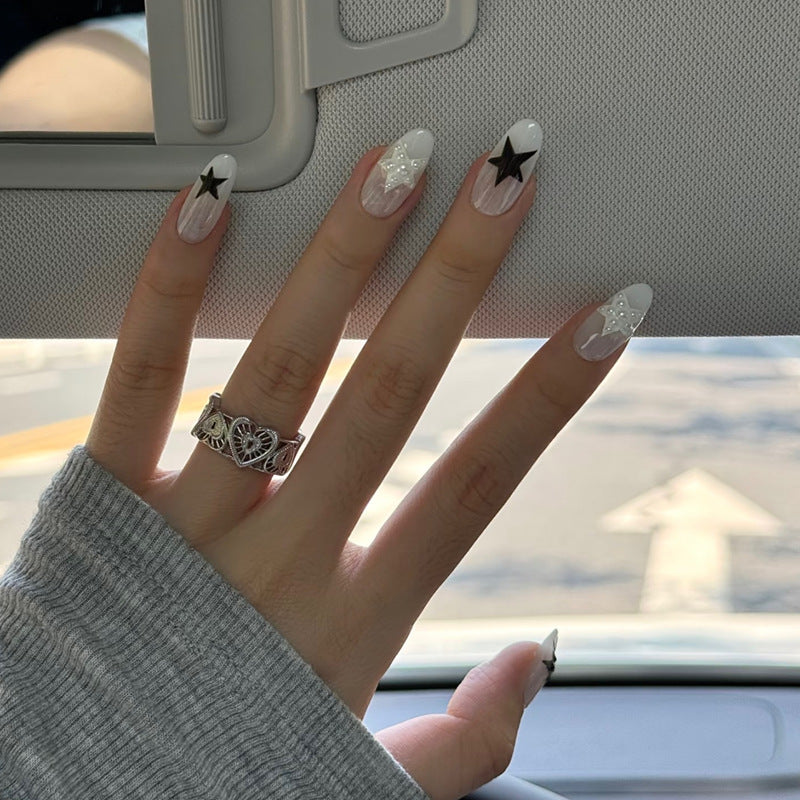 Celestial Dreams Medium Oval White and Black Press On Nail Set with Star Accents