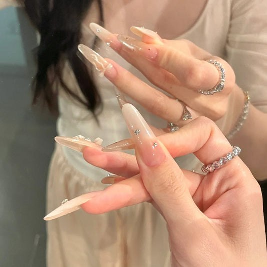 Glamorous Elegance Extra Long Almond Shaped Beige Press On Nails with Rhinestone Accents
