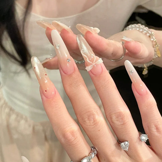Enchanting Elegance Long Almond Shaped Transparent Pink with Glitter and Charming Gems Press On Nail Set