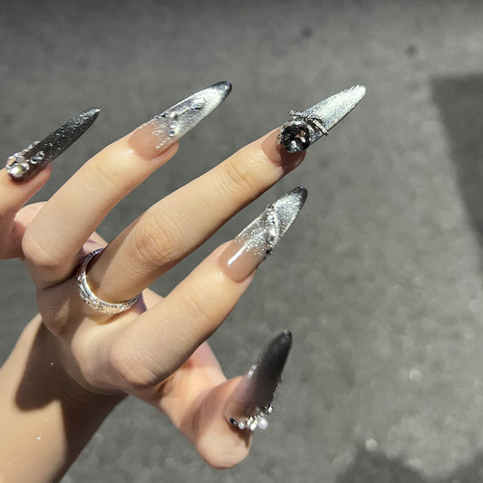 Glamorous Fantasy Long Stiletto Silver Ombre Press On Nail Set with Sparkling Rhinestone Accents