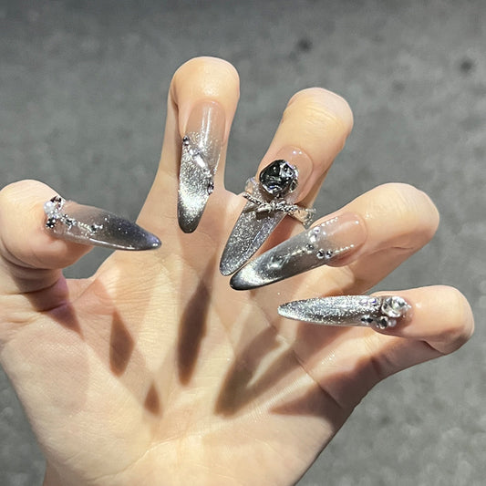 Cosmic Glamour Long Stiletto Silver Press On Nail Set with Sparkling Gem Accents
