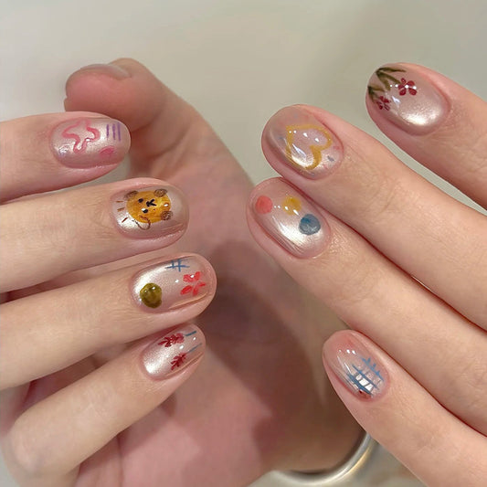 Whimsical Garden Inspired Short Round Pearl Pink Press on Nail Set with Hand Painted Floral Designs